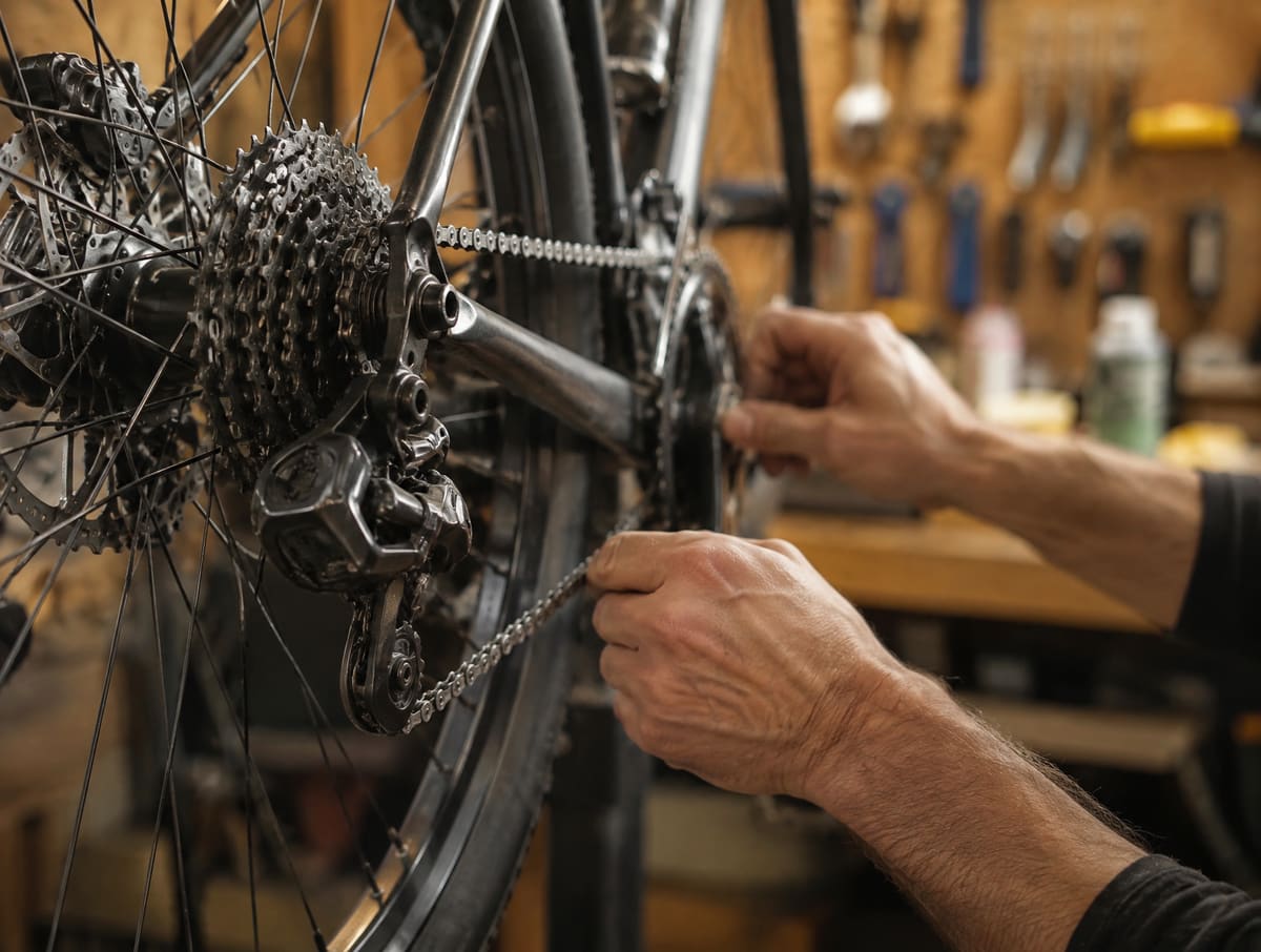 A bicycle chain and rear gears up close on a repair stand in a warmly lit workshop