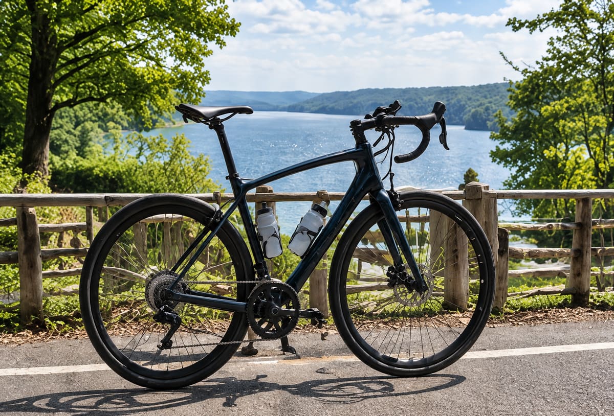 A dark road bike leaning on a wooden fence beside a quiet paved path above a lake