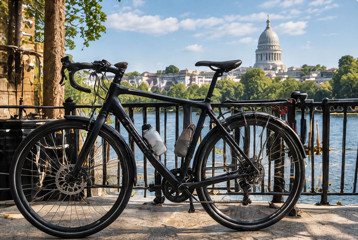 A black commuter bike parked at a railing by the water, with the Wisconsin State Capitol dome in the distance