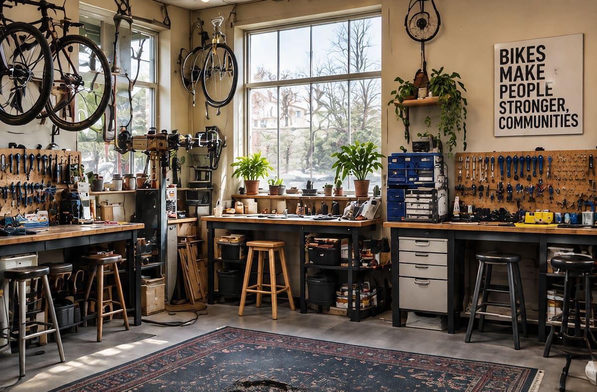 A small bike workshop with wheels hanging on the wall, pegboards of tools, wooden workbenches and stools, and a tall window letting in daylight