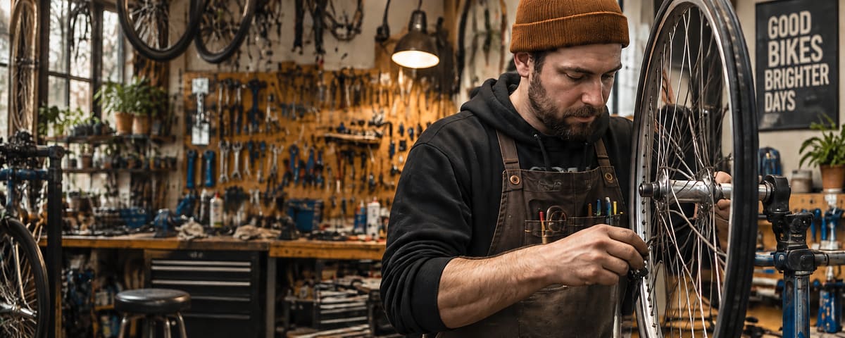 A bike mechanic in a brown beanie and work apron trues a spoked wheel on a stand in a warmly lit workshop