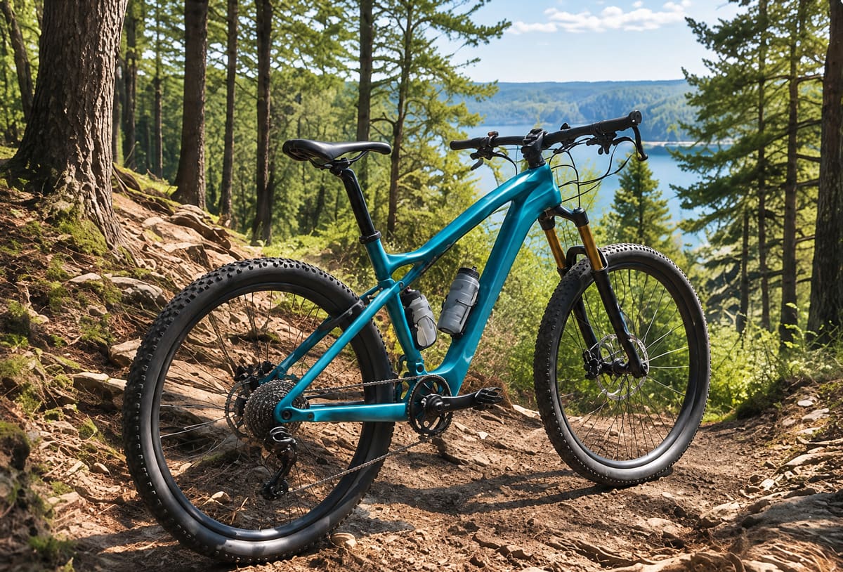 A teal mountain bike on a dirt trail among tall pine trees, a lake beyond